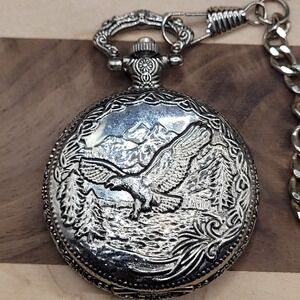 Vintage Silver Tone Etched Eagle Baroque Signed Pocket Watch
